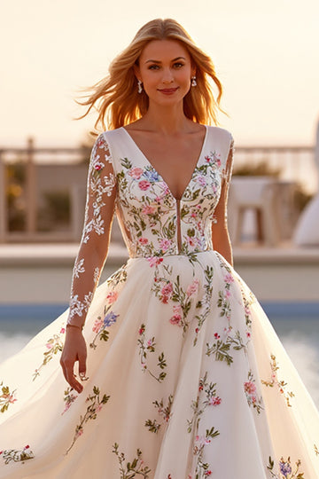 Long Sleeve White Floral Wedding Dress
